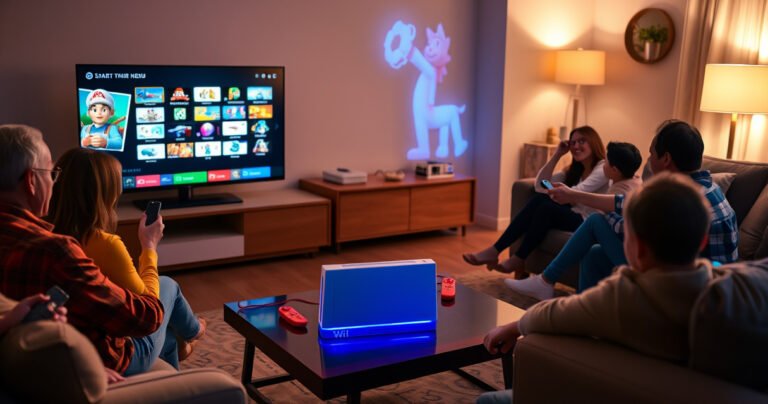 A cozy living room scene featuring a sleek smart TV displaying a vibrant Wii menu, a nostalgic Wii console and colorful game controllers on a stylish coffee table, soft ambient lighting illuminating the space, a family gathered around, excitedly holding remotes, with playful game characters projected on the screen, creating a warm, inviting atmosphere.
