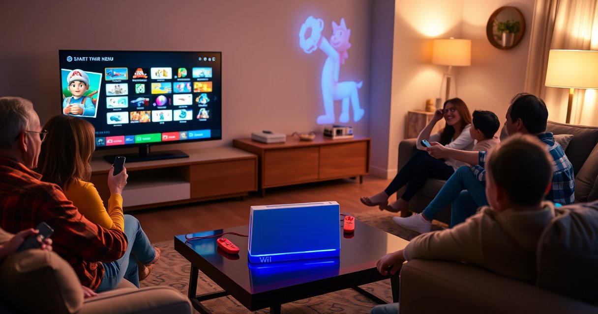 A cozy living room scene featuring a sleek smart TV displaying a vibrant Wii menu, a nostalgic Wii console and colorful game controllers on a stylish coffee table, soft ambient lighting illuminating the space, a family gathered around, excitedly holding remotes, with playful game characters projected on the screen, creating a warm, inviting atmosphere.