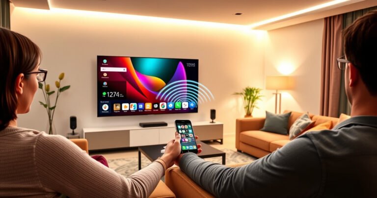 A sleek modern living room featuring a large smart TV displaying a vibrant Android interface, a person effortlessly connecting their phone via a glowing wireless signal, surrounded by cozy furniture, colorful cushions, and warm ambient lighting, creating a tech-savvy yet inviting atmosphere perfect for family entertainment and seamless connectivity.