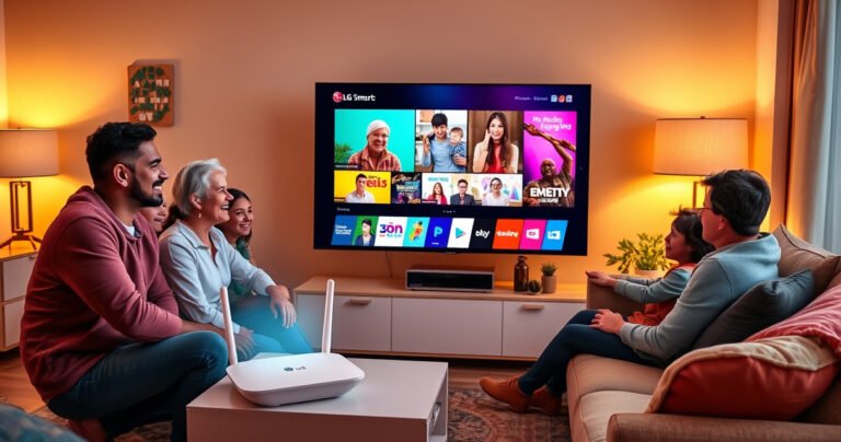 A cozy living room scene with a sleek LG Smart TV displaying vibrant streaming content, a friendly family gathered around, joyful expressions, a modern WiFi router glowing nearby, warm lighting illuminating the space, colorful decor, and a soft sofa inviting relaxation, symbolizing the seamless connection between technology and home entertainment.