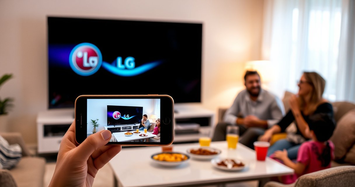 A sleek iPhone displays a vibrant screen mirroring an LG Smart TV, surrounded by a cozy living room with soft lighting. A modern coffee table holds snacks and drinks, while a family enjoys the seamless connection, laughter and joy radiating in the warm atmosphere, emphasizing technology bridging togetherness and entertainment.
