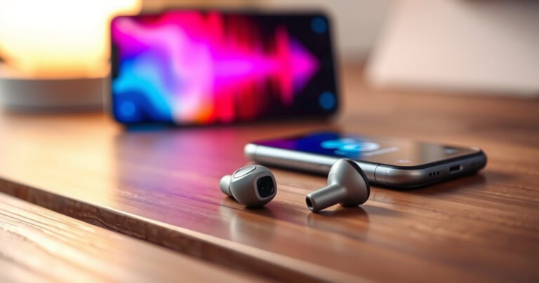 A close-up view of sleek wireless earphones resting on a modern wooden table, surrounded by vibrant soundwave graphics, with a smartphone displaying a pairing screen in the background. Soft, ambient lighting creates a cozy atmosphere, emphasizing technology and ease-of-use, while hints of musical notes swirl around to convey the joy of seamless connectivity.