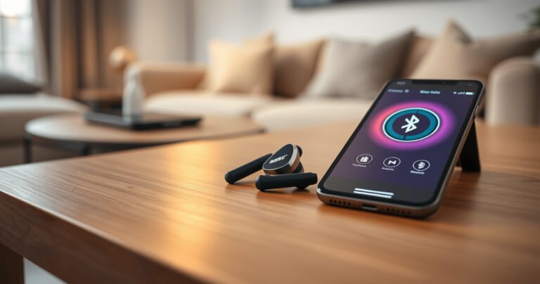 A close-up of sleek, modern Bose earbuds resting on a wooden table, accompanied by a smartphone displaying a colorful Bluetooth connection screen. Soft ambient light filters through a nearby window, highlighting the earbuds’ elegant design. In the background, a cozy living room setting with subtle tech elements creates a warm, inviting atmosphere for tech enthusiasts.
