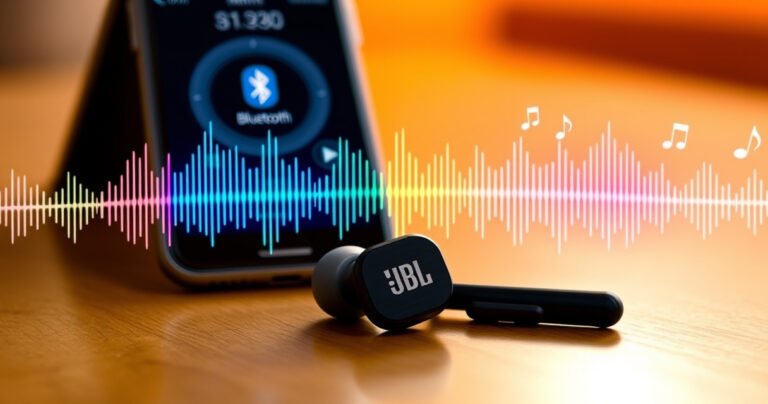 A vibrant close-up of sleek JBL earbuds resting on a wooden table, surrounded by colorful soundwave graphics, showcasing connectivity icons like Bluetooth symbols and musical notes, with a smartphone displaying the pairing screen in the background, infused with a warm, inviting light that conveys a sense of effortless tech integration and modern lifestyle.