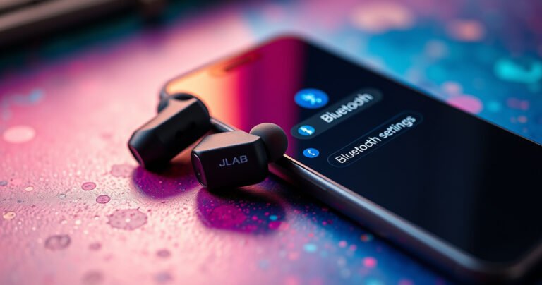 A close-up of sleek JLab earbuds resting on a vibrant, textured surface, surrounded by colorful sound waves and connection icons. Soft light highlights the earbuds' design, while a smartphone displays a Bluetooth settings screen, with visual cues suggesting a seamless connection. The background features a dynamic blend of tech-inspired colors, creating an engaging, modern atmosphere.