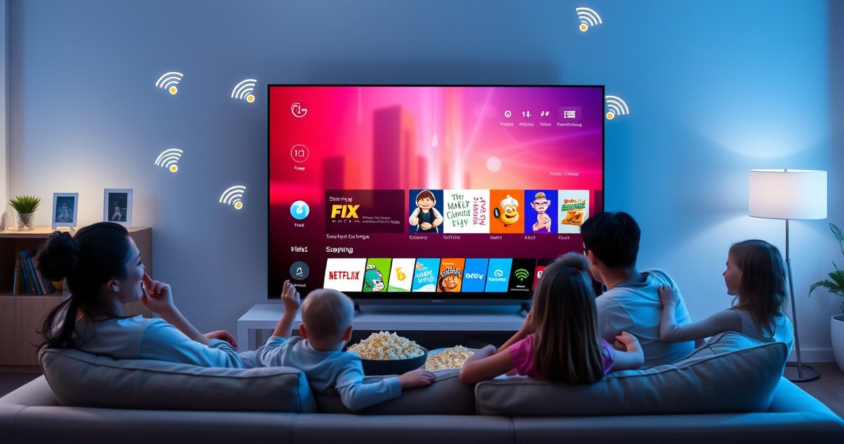 A sleek LG Smart TV glowing in a modern living room, with colorful WiFi signal icons floating around it. A family gathers excitedly on a cozy couch, surrounded by popcorn and snacks, as a vibrant digital interface displays various streaming options. Soft ambient lighting enhances the tech-savvy atmosphere, inviting viewers to explore connectivity.