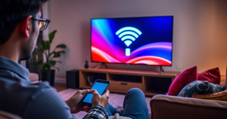A cozy living room with a sleek smart TV displaying a vibrant WiFi connection screen, surrounded by a plush sofa, colorful pillows, and a warm, inviting ambiance. A person, engaged and focused, is holding a remote, while a smartphone rests nearby, symbolizing the connection between devices. Soft lighting enhances the modern decor and technology blend.