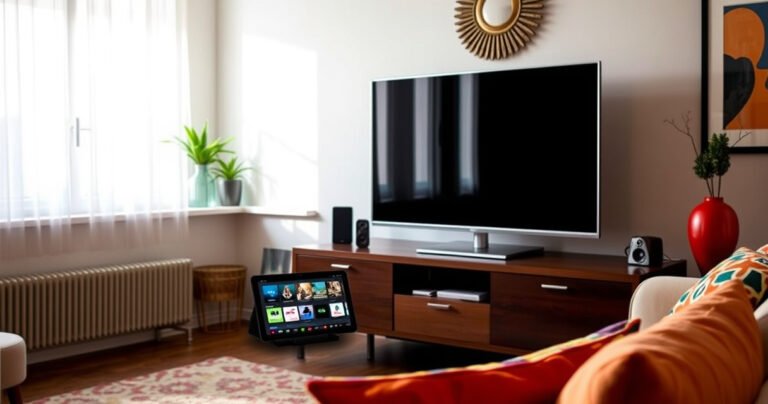 A modern living room featuring a sleek, traditional television on a stylish media console surrounded by vibrant decor. A glowing tablet and smart remote are placed beside it, showcasing various streaming icons. Natural light streams through a window, illuminating a cozy couch adorned with colorful cushions, symbolizing the blend of old and new technology in a harmonious space.