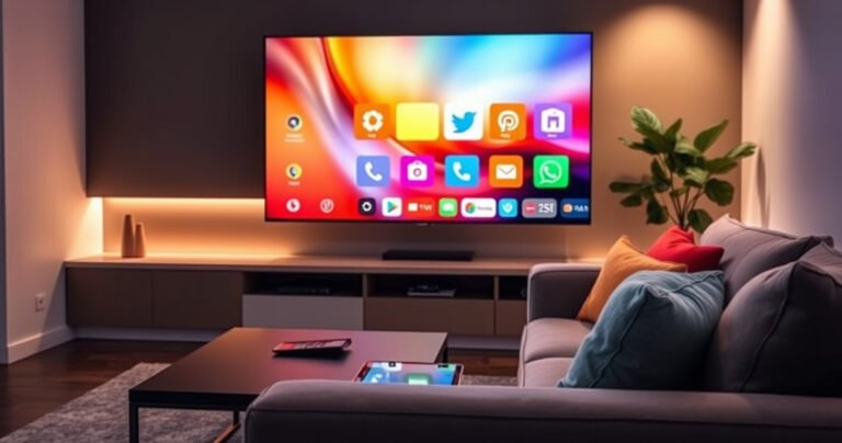 A modern living room featuring a sleek, large flat-screen TV displaying vibrant smart interface icons. A cozy sofa is adorned with colorful cushions, and a coffee table holds a tablet and remote. Soft ambient lighting enhances the tech-savvy atmosphere, while a potted plant adds a touch of nature, symbolizing the blend of comfort and innovation.