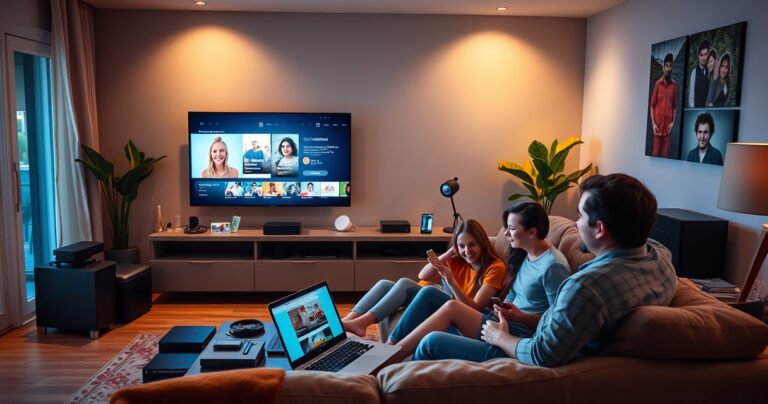 A cozy living room featuring a sleek, modern TV displaying vibrant streaming content, surrounded by various tech gadgets and tools. A cheerful family gathers on a comfortable couch, with a laptop open, showing step-by-step instructions. Warm lighting enhances the inviting atmosphere, emphasizing the transformation from a traditional TV to a smart entertainment hub.