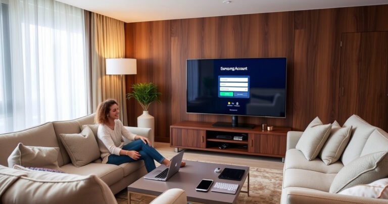 A cozy living room with a modern Samsung Smart TV displaying the Samsung account creation screen, surrounded by a stylish sofa, soft lighting, and a coffee table with a laptop and smartphone. A person is happily interacting with the TV, showcasing a seamless blend of technology and comfort in a contemporary home setting.