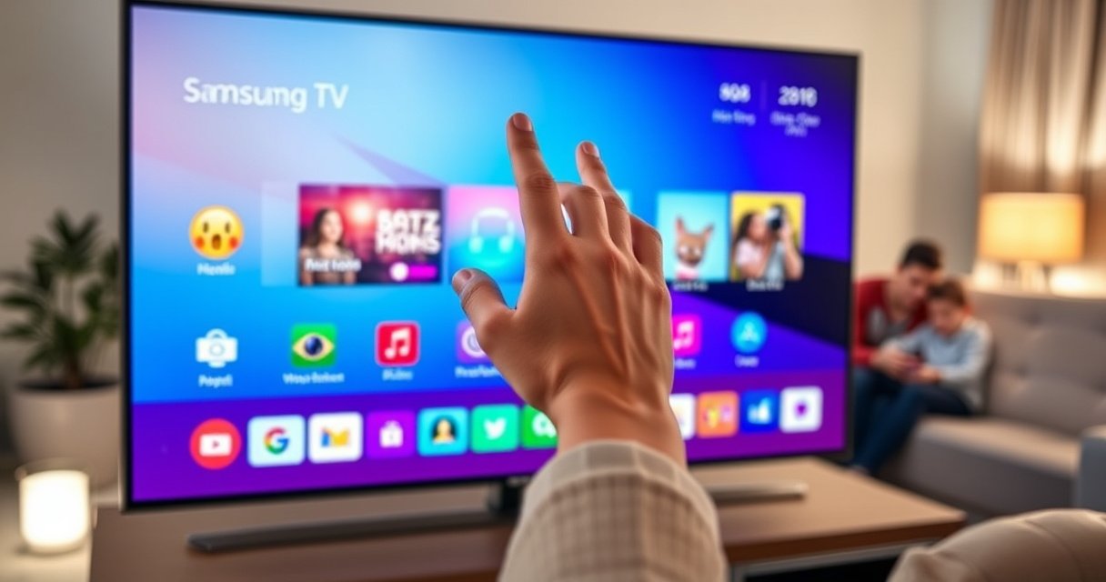 A sleek Samsung Smart TV displaying a vibrant home screen with colorful app icons, a hand poised over a specific app, glowing in a subtle blue light. In the background, a cozy living room setting with soft lighting, plush furniture, and a hint of a family enjoying entertainment together, creating a warm, inviting atmosphere.