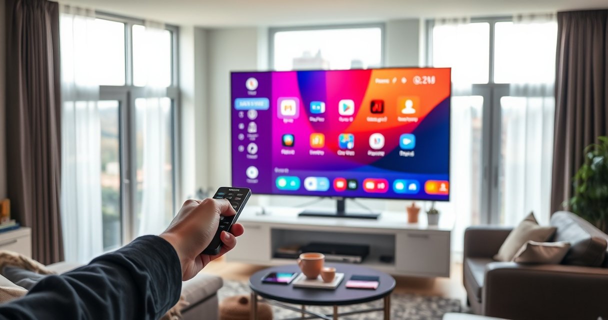 A sleek Samsung Smart TV in a modern living room, displaying a vibrant menu screen with app icons. A user’s hand is poised over the remote, ready to select an app, surrounded by cozy decor. Soft light streams in through large windows, casting a warm glow on the polished furniture and inviting ambiance.