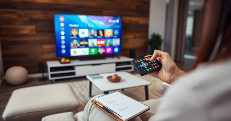 A sleek, modern living room with a large smart TV displaying a vibrant, colorful app menu, surrounded by comfortable furniture. A person is focused on a remote in hand, ready to navigate the screen, while a notepad with a checklist lies nearby, evoking a sense of tech-savvy organization and home comfort.