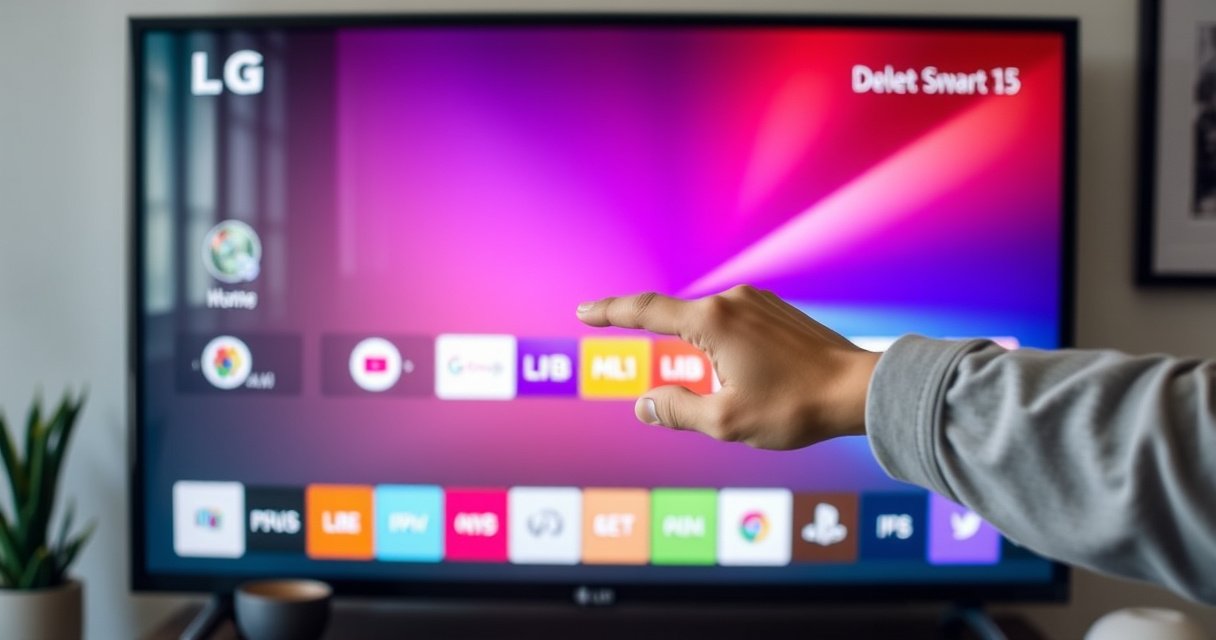 A sleek LG Smart TV with a vibrant home screen displaying colorful app icons, a cursor hovering over an app, and a user’s hand reaching out to delete it. The room is modern and cozy, with soft lighting reflecting off the TV screen, creating an inviting atmosphere for tech enthusiasts.