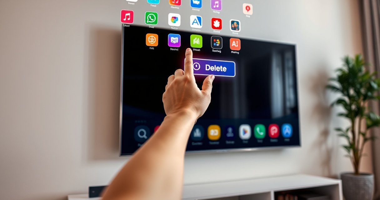 A sleek Samsung Smart TV displayed on a modern living room wall, with a hand gently navigating the screen. Colorful app icons float above, with a subtle focus on a finger poised over a vibrant 'Delete' button. Soft ambient lighting creates a cozy atmosphere, emphasizing technology seamlessly integrated into daily life.