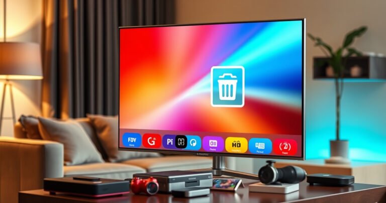 A sleek Samsung Smart TV displaying a vibrant, user-friendly interface, surrounded by colorful app icons with an emphasis on a trash can symbol. The background features a cozy living room setting with soft lighting, a stylish couch, and a coffee table adorned with tech gadgets, capturing a modern, tech-savvy atmosphere.