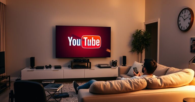A sleek, modern living room with a large smart TV displaying the YouTube logo being crossed out. A frustrated user, remote in hand, sits on a plush couch surrounded by gadgets, illuminated by soft ambient lighting. A wall clock shows late evening, emphasizing the struggle against digital clutter in a cozy yet tech-savvy environment.