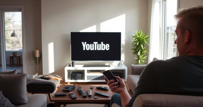 A modern living room featuring a sleek smart TV displaying the YouTube logo, surrounded by a cozy sofa and a coffee table cluttered with remote controls. Sunlight streams through large windows, casting soft shadows. A frustrated person, half-focused on the TV, is holding a smartphone, contemplating their next move. The atmosphere is a mix of convenience and confusion.