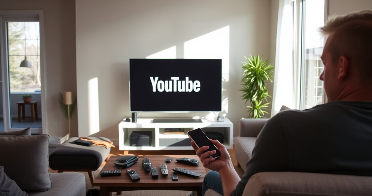 A modern living room featuring a sleek smart TV displaying the YouTube logo, surrounded by a cozy sofa and a coffee table cluttered with remote controls. Sunlight streams through large windows, casting soft shadows. A frustrated person, half-focused on the TV, is holding a smartphone, contemplating their next move. The atmosphere is a mix of convenience and confusion.