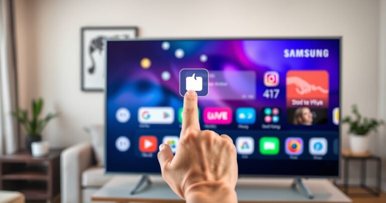 A sleek Samsung Smart TV displaying a vibrant home screen, with colorful app icons floating above a cozy living room setting. A hand reaches out to tap the iconic app delete symbol, while a blurred background showcases a modern sofa, soft lighting, and a tasteful decor that evokes a sense of comfort and technology integration.