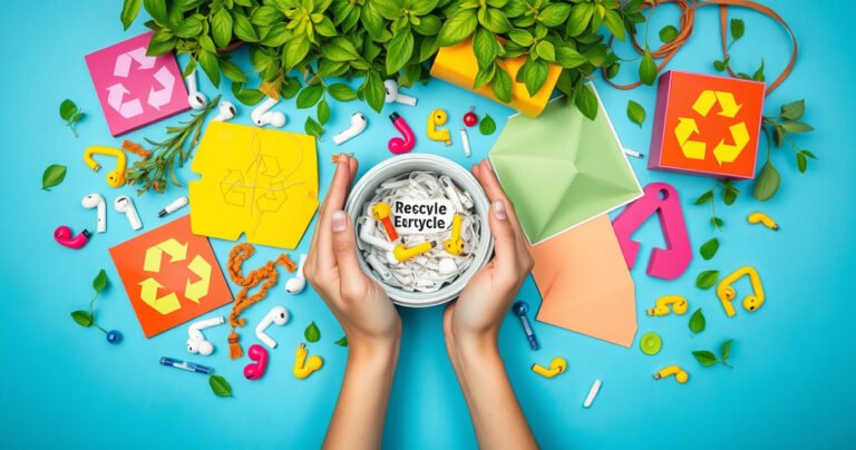 A colorful, eye-catching flat lay of various earbuds scattered among vibrant recycling symbols, a small compost bin, and biodegradable materials. Include a pair of hands gently placing an old earbud into a recycling container, surrounded by lush green plants, conveying a message of eco-friendliness and responsible disposal in a bright, inviting atmosphere.