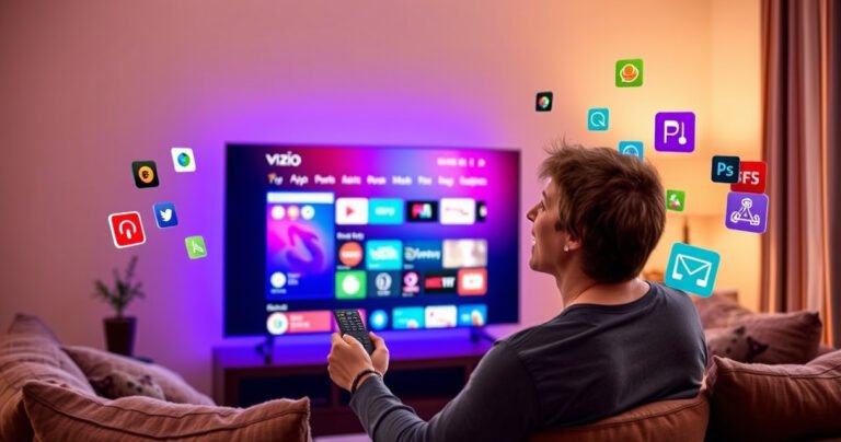A sleek Vizio Smart TV glowing in a cozy living room, with a vibrant app store interface displayed on the screen. A user, excited and engaged, holds a remote control, surrounded by plush cushions and warm lighting. Colorful app icons float around, showcasing a variety of entertainment options, creating a welcoming and tech-savvy atmosphere.