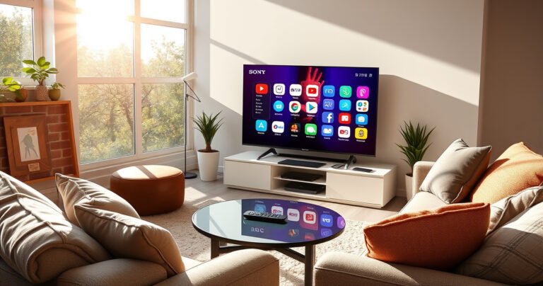 A bright living room with a sleek Sony Smart TV displaying colorful app icons on the screen, a cozy sofa adorned with plush cushions, a stylish coffee table with a remote control, and sunlight streaming through large windows, creating an inviting atmosphere perfect for tech exploration and entertainment.