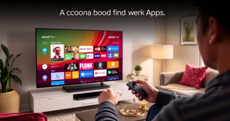A sleek Sony Bravia Smart TV displayed in a modern living room, with a colorful app store interface visible on the screen. A person is engaged, tapping a remote control, surrounded by vibrant decor and a cozy atmosphere, emphasizing the ease of downloading apps with clear visual cues and a sense of excitement.