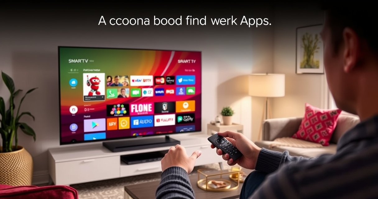 A sleek Sony Bravia Smart TV displayed in a modern living room, with a colorful app store interface visible on the screen. A person is engaged, tapping a remote control, surrounded by vibrant decor and a cozy atmosphere, emphasizing the ease of downloading apps with clear visual cues and a sense of excitement.