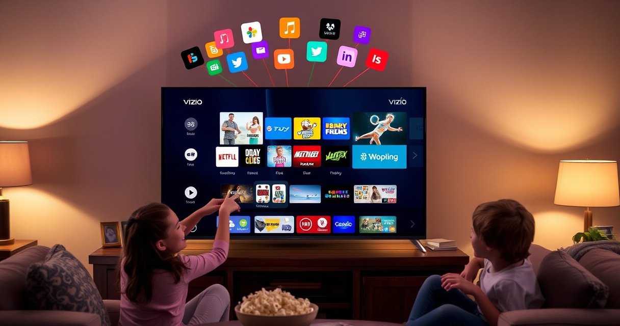 A sleek Vizio Smart TV glowing in a cozy living room, with colorful app icons floating above it. A family joyfully gathers around, pointing at the screen, showcasing various streaming apps. Soft ambient lighting casts a warm glow, while a bowl of popcorn sits nearby, creating a welcoming atmosphere for tech-savvy viewers.