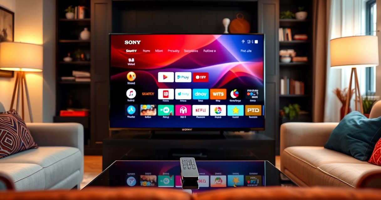 A sleek Sony Smart TV displayed prominently in a cozy living room, surrounded by a modern sofa and vibrant decor. The screen shows a colorful app store interface filled with icons. Soft ambient lighting casts a warm glow, while a remote control rests invitingly on the coffee table, embodying the ease of digital entertainment.