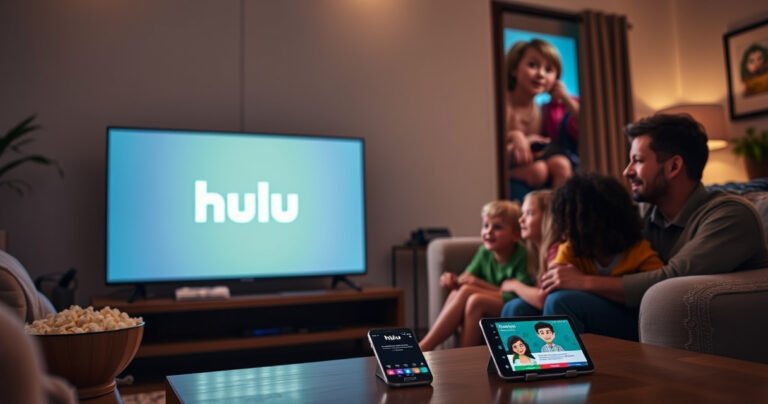 A cozy living room featuring a sleek Samsung Smart TV displaying the Hulu logo on the screen, surrounded by a soft sofa, popcorn bowl, and dim ambient lighting. A family eagerly gathers around, captivated by the bright colors of animated shows, while a smartphone rests on the coffee table, showcasing the Hulu app download page.