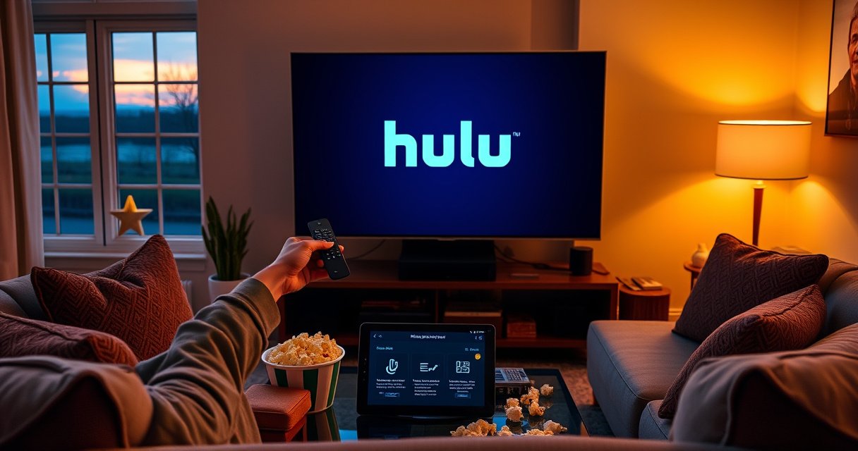 A cozy living room with a modern smart TV displaying the Hulu logo, a user holding a remote, surrounded by popcorn and snacks. Warm lighting illuminates a comfortable sofa, while a window shows a sunset outside, creating a relaxed atmosphere perfect for movie nights. A tablet on the coffee table displays step-by-step instructions.