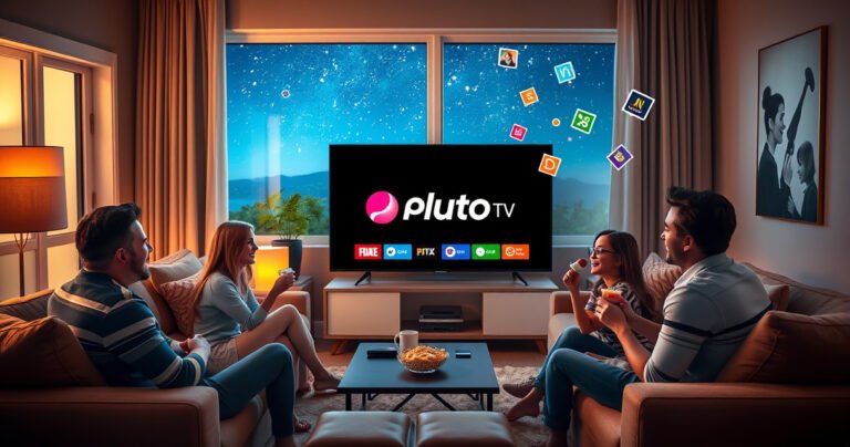 A cozy living room featuring a sleek smart TV displaying the Pluto TV logo, surrounded by plush furniture and warm lighting. A family gathers excitedly with snacks in hand, while colorful streaming icons float around, symbolizing the variety of shows. A window reveals a starry night sky, hinting at the limitless entertainment ahead.