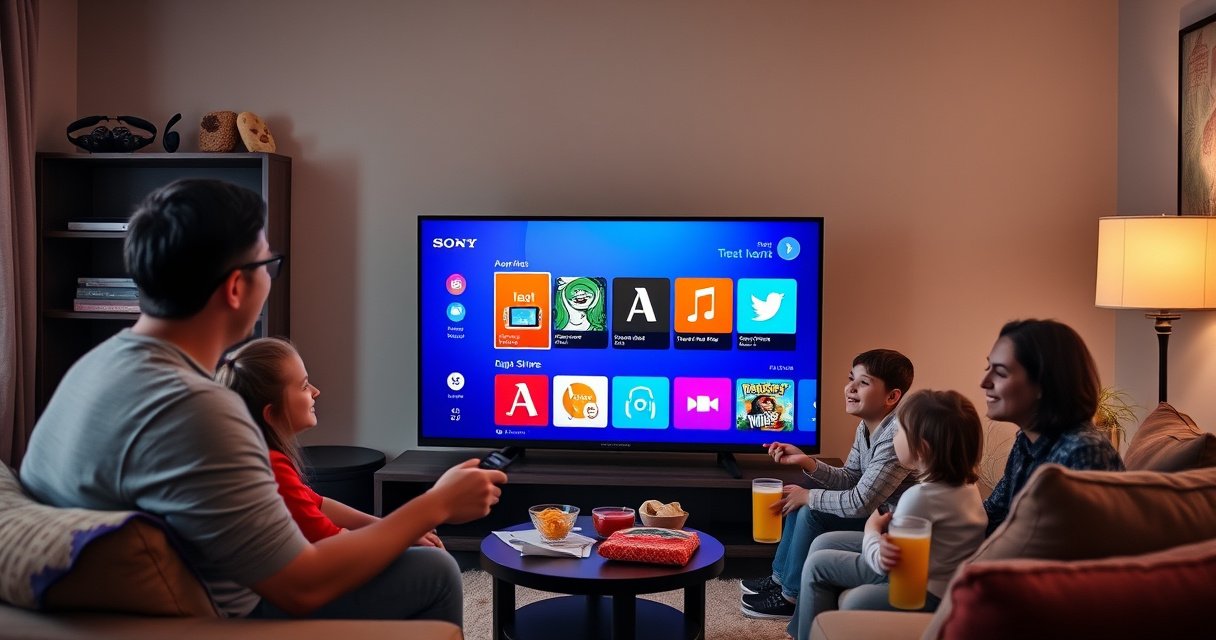 A cozy living room scene featuring a modern Sony Smart TV displaying a vibrant app store interface. A family joyfully interacts with the TV using a remote, surrounded by snacks and drinks. Soft lighting enhances the inviting atmosphere, while a bookshelf filled with gadgets hints at tech-savvy living. A digital download progress bar adds a dynamic touch.