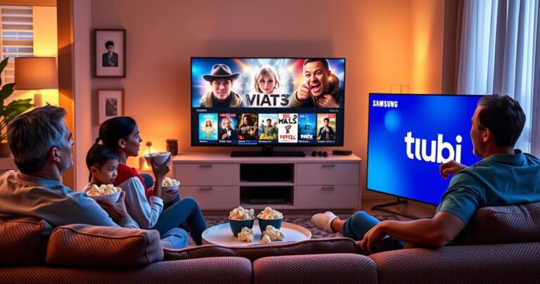 A cozy living room scene featuring a sleek Samsung Smart TV displaying the Tubi logo, surrounded by a family enjoying movie night on a plush couch, popcorn bowls in hand, under warm ambient lighting, with a soft glow from the TV illuminating their excited faces as they browse through a selection of movies.
