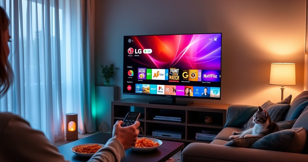 A cozy living room with an LG Smart TV displaying a vibrant app store interface, a person browsing apps with a remote in hand, soft ambient lighting illuminating the space, snacks on a nearby table, and a cat lounging on the couch, creating a warm, inviting atmosphere that embodies the joy of technology in home entertainment.