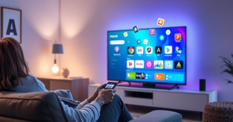 A sleek Philips Smart TV displaying a vibrant app store interface, with colorful app icons floating around. A person sits on a modern couch, engaged with a remote control, surrounded by cozy living room decor. Soft ambient lighting highlights the TV, creating a warm and inviting atmosphere for digital exploration.