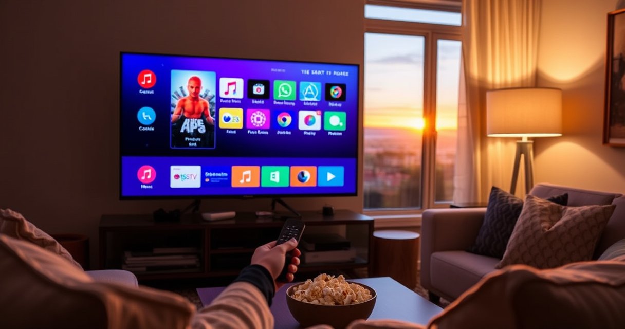 A cozy living room with a sleek Vizio Smart TV displaying vibrant app icons, a person holding a remote control, surrounded by soft cushions and a warm glow from a nearby lamp, popcorn bowl on a coffee table, a window showing a sunset outside, inviting atmosphere of technology and relaxation.