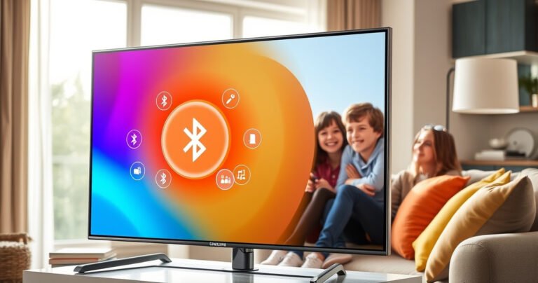 A sleek Samsung Smart TV displaying vibrant Bluetooth connection icons, surrounded by modern living room decor. Bright sunlight streams through a large window, illuminating a cozy sofa with colorful cushions. In the background, a family interacts joyfully with the TV, showcasing seamless technology integration, blending comfort and innovation in a contemporary home setting.