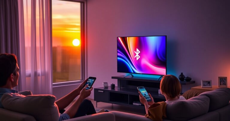 A sleek Samsung Smart TV in a modern living room, glowing with vibrant colors as it displays a Bluetooth symbol. A person happily interacting with a smartphone, connecting wirelessly. Soft ambient lighting highlights cozy furniture, while a window reveals a sunset, creating a warm, inviting atmosphere of technology and comfort.