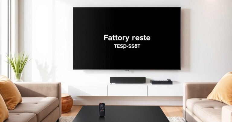A sleek Vizio Smart TV on a modern living room wall, displaying a bright, user-friendly factory reset screen. Surrounding the TV, cozy furniture and soft lighting create a welcoming atmosphere. A remote control rests on a stylish coffee table, with a subtle hint of technology in the background, symbolizing simplicity and ease of use.