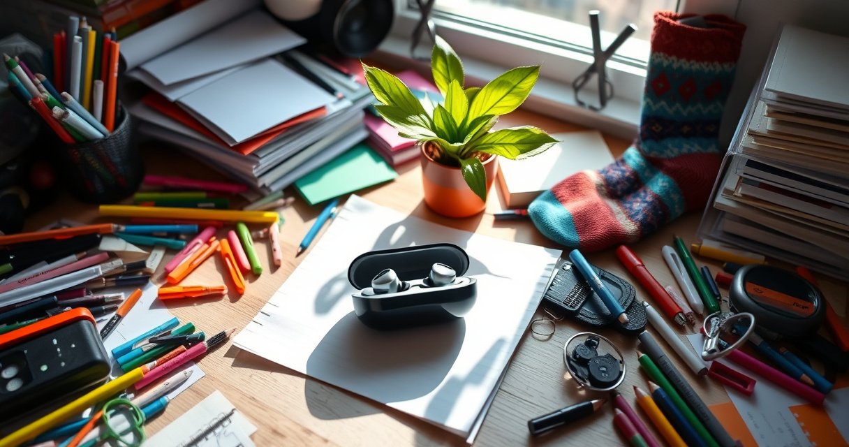 A cluttered desk scattered with colorful office supplies, a vibrant plant peeking through, and a pair of mismatched socks. In the center, a sleek, modern earbuds case gleams, half-hidden beneath a crumpled notepad. Soft sunlight filters through a nearby window, casting gentle shadows that highlight the search for this elusive tech accessory.