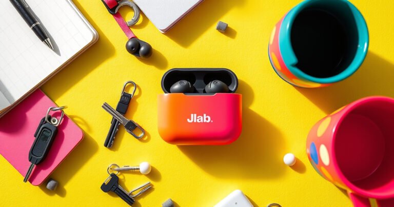 A vibrant flat lay of a colorful JLab GO Air Earbuds case surrounded by a scattered array of everyday items like keys, a notebook, and a colorful coffee cup, set against a bright, textured background. Soft natural light illuminates the scene, emphasizing the earbuds case's sleek design and inviting exploration.