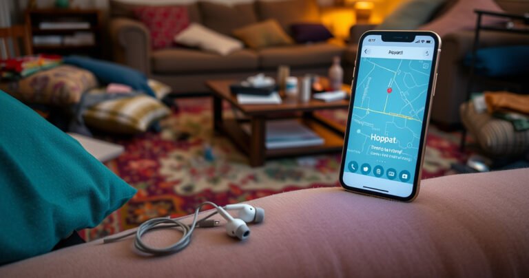 A cluttered living room with scattered cushions, a vibrant rug, and a coffee table filled with random items. In the center, a pair of mismatched earbuds peeks out from under a couch, while a bright, glowing smartphone screen displays a locator app, casting a hopeful light across the room.