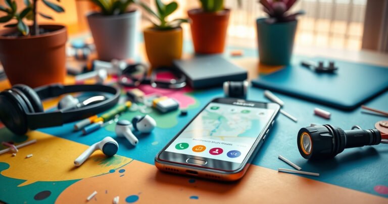A vibrant flat lay of a colorful, messy desk showcasing a smartphone with a map app open, surrounded by scattered Samsung earbuds, a pair of headphones, and a small flashlight. The background features a cozy home setting with potted plants and a warm window light, evoking a sense of urgency and adventure in finding lost items.