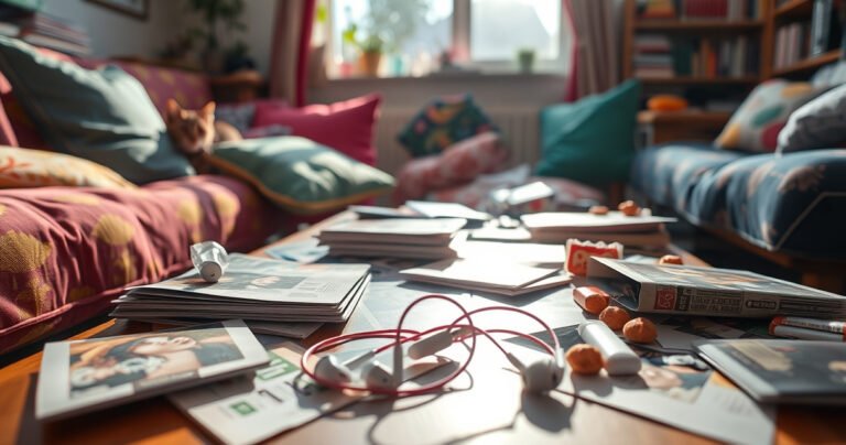 A vibrant scene showcasing a cluttered living room with colorful cushions and a messy coffee table, where a pair of earbuds lies hidden among scattered magazines and snacks. Sunlight streams through a window, illuminating the earbuds, while a curious cat peeks around the corner, adding a playful touch to the search for missing items.