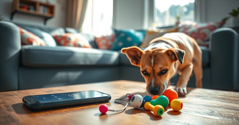 A close-up of a vibrant, modern living room with a cozy sofa and scattered cushions. On a coffee table, a smartphone displays a Bluetooth connection screen, while a playful dog sniffs around for hidden earbuds among colorful toys. Sunlight streams through a window, casting soft shadows and creating a warm, inviting atmosphere.
