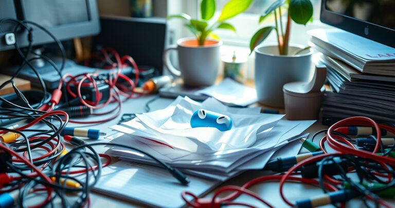 A cluttered desk scattered with colorful items, including tangled charging cables, a coffee mug, and a vibrant plant. In the center, a small, bright blue earbuds case sits partially hidden beneath crumpled papers. Soft morning light streams in from a nearby window, illuminating the case, creating a sense of urgency and discovery in the scene.